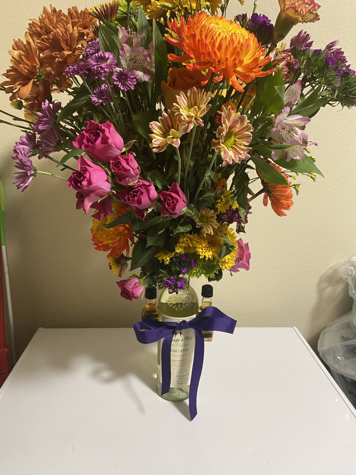 Boozy Bouquet Wine and Flowers with small liq bottles
